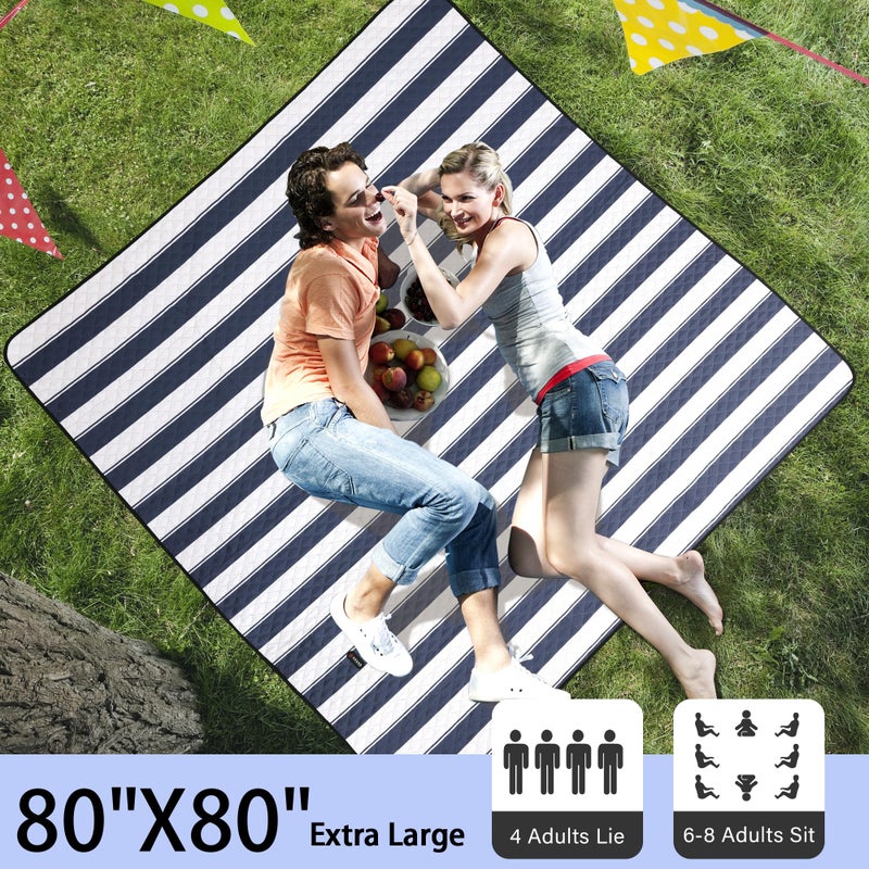 HX&OD بطانية نزهة خارجية كبيرة جدًا 80 × 80 مقاومة للماء للنزهة بطانية تخييم قابلة للطي محمولة مع حزام حمل لحصيرة الشاطئ (أزرق) - Image 2
